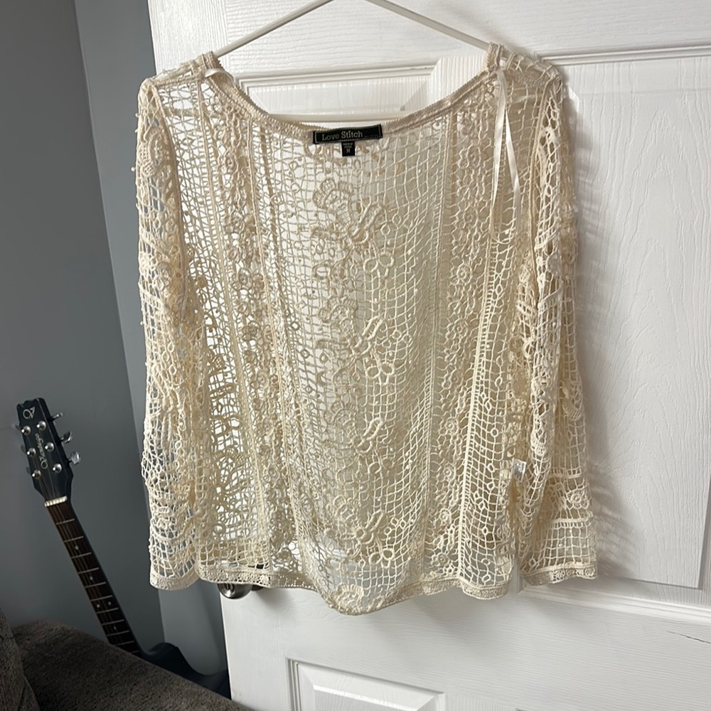 Love Stitch Cream Crochet Blouse with 3/4 Sleeves
